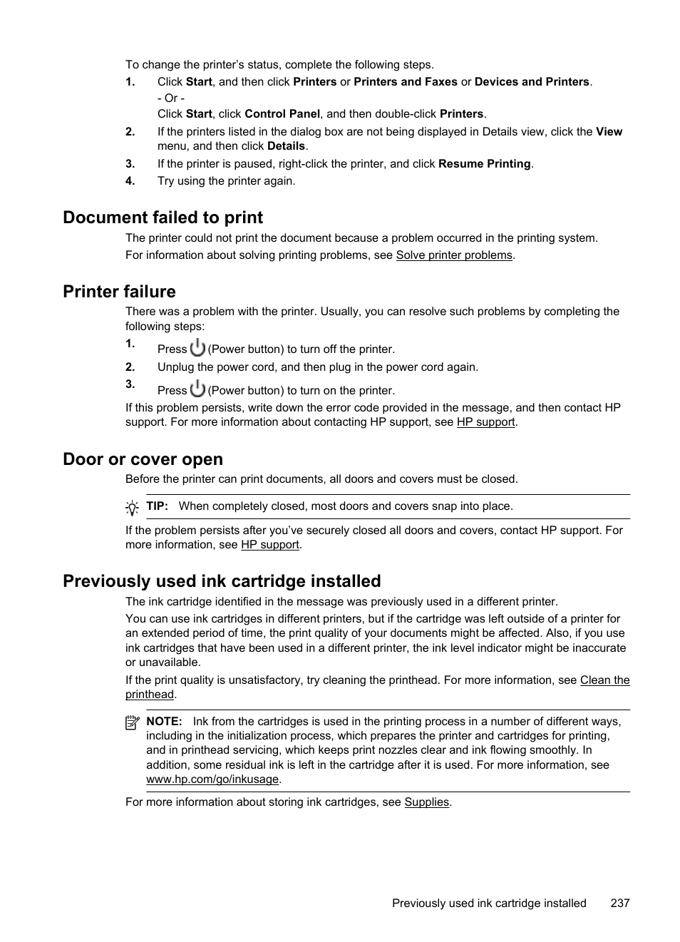Document failed to print, Printer failure, Door or cover open | Previously used ink cartridge installed | HP Officejet Pro 8600 User Manual | Page 241 / 254