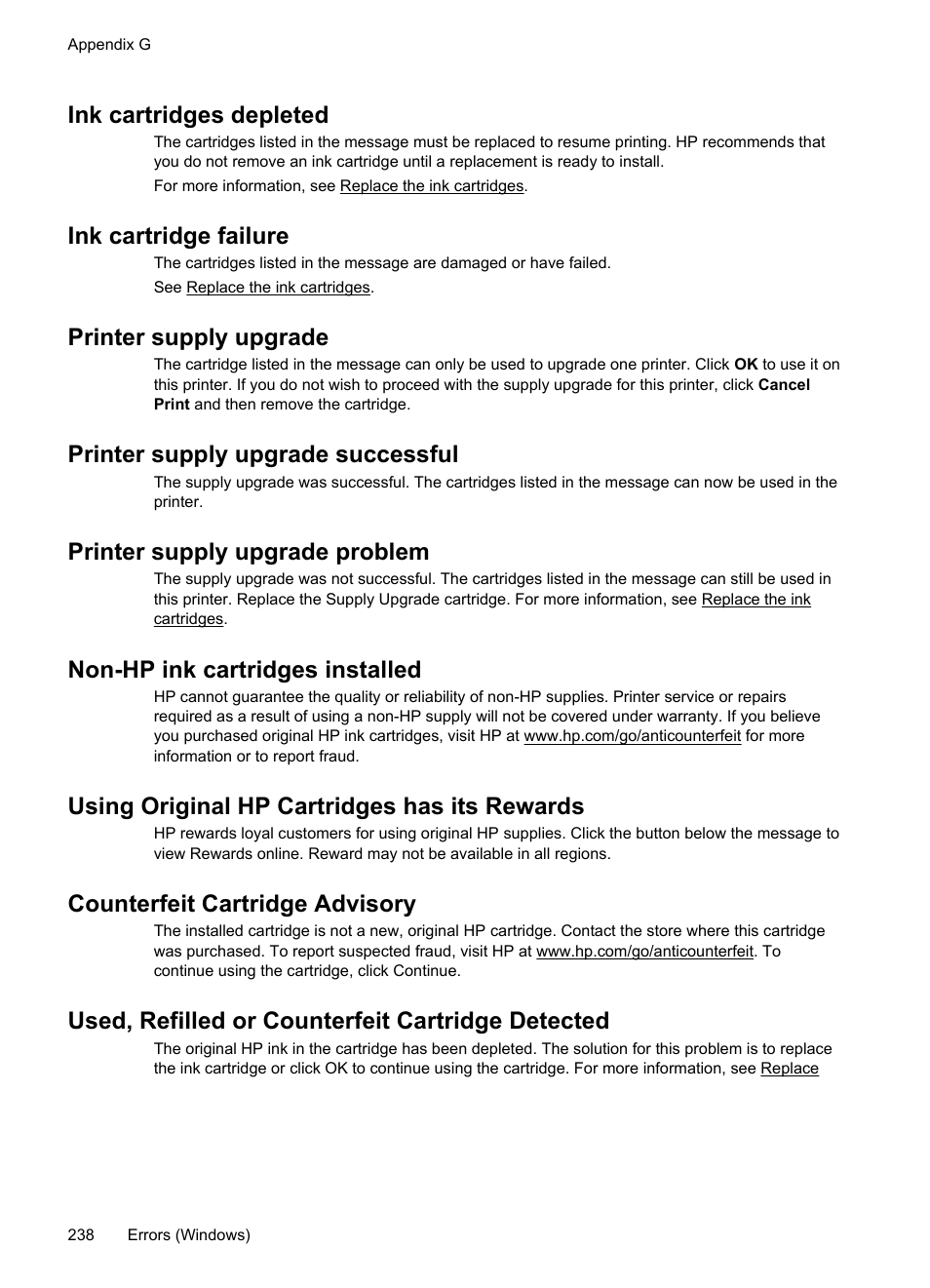 Ink cartridges depleted, Ink cartridge failure, Printer supply upgrade | Printer supply upgrade successful, Printer supply upgrade problem, Non-hp ink cartridges installed, Using original hp cartridges has its rewards, Counterfeit cartridge advisory, Used, refilled or counterfeit cartridge detected | HP Officejet Pro 8600 User Manual | Page 242 / 254