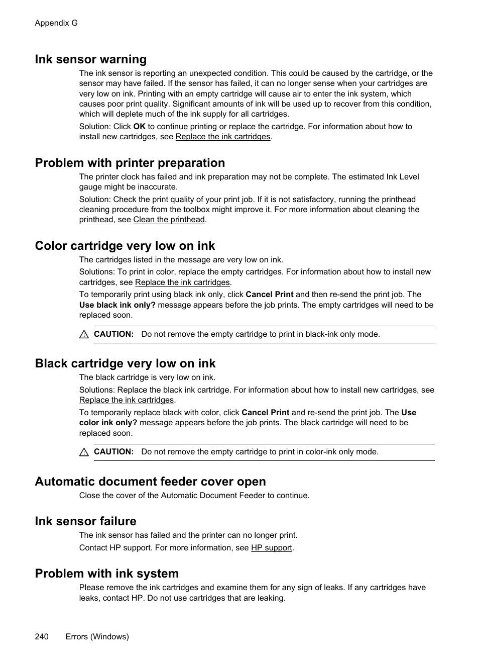 Ink sensor warning, Problem with printer preparation, Color cartridge very low on ink | Black cartridge very low on ink, Automatic document feeder cover open, Ink sensor failure, Problem with ink system | HP Officejet Pro 8600 User Manual | Page 244 / 254