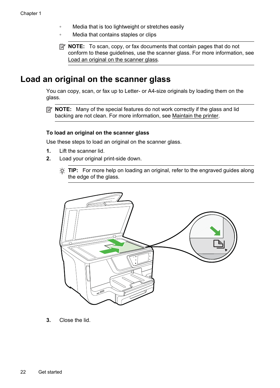 Load an original on the scanner glass | HP Officejet Pro 8600 User Manual | Page 26 / 254