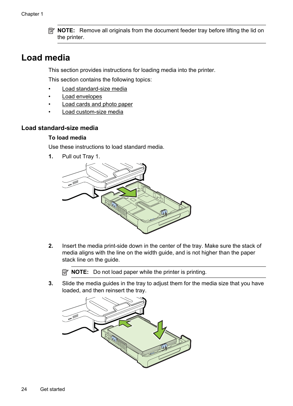 Load media, Load standard-size media, Oad envelopes | Oad cards and photo paper, Oad custom-size media, See load media | HP Officejet Pro 8600 User Manual | Page 28 / 254