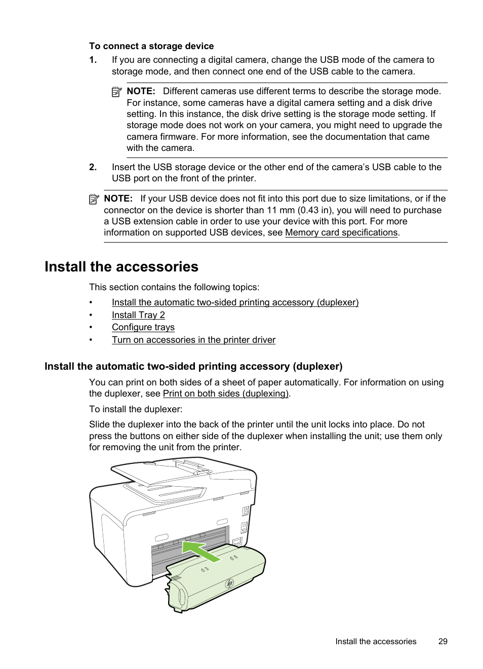 Install the accessories, Nstall tray 2 configure trays, Urn on accessories in the printer driver | HP Officejet Pro 8600 User Manual | Page 33 / 254