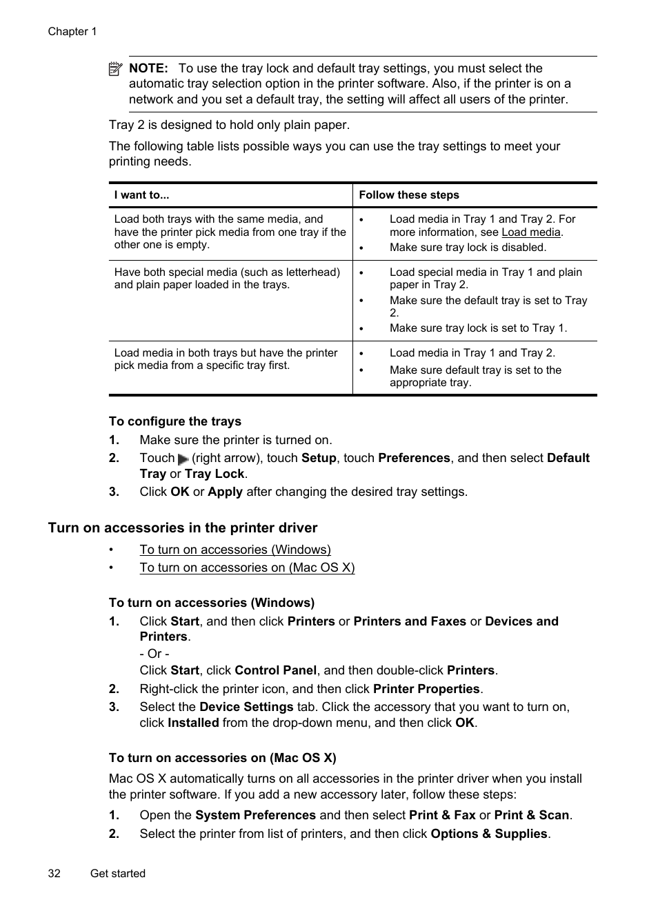 Turn on accessories in the printer driver, To turn on accessories (windows), To turn on accessories on (mac os x) | HP Officejet Pro 8600 User Manual | Page 36 / 254