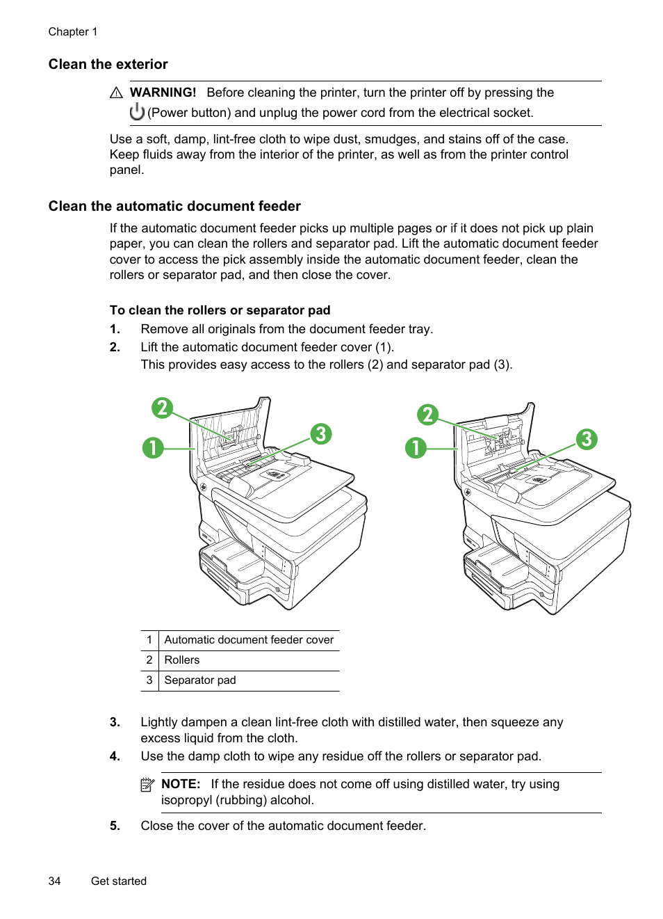 Clean the exterior, Clean the automatic document feeder | HP Officejet Pro 8600 User Manual | Page 38 / 254