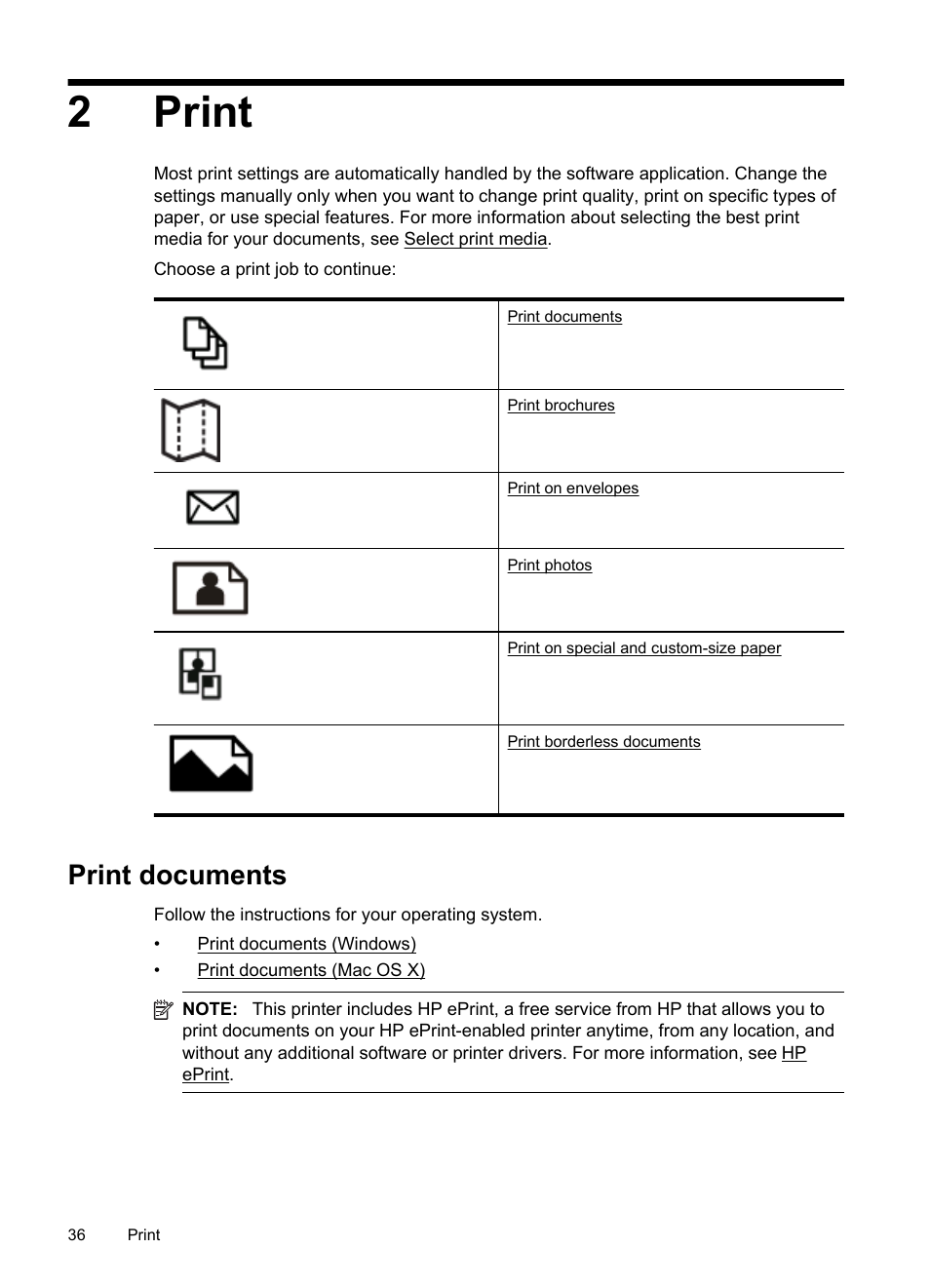 Print, Print documents, 2print | HP Officejet Pro 8600 User Manual | Page 40 / 254