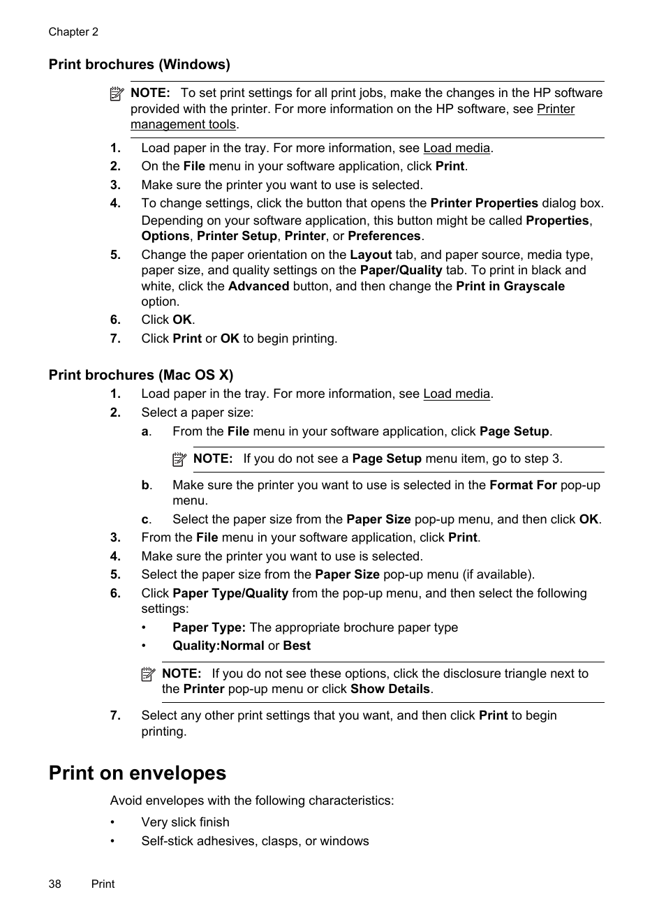 Print brochures (windows), Print brochures (mac os x), Print on envelopes | HP Officejet Pro 8600 User Manual | Page 42 / 254