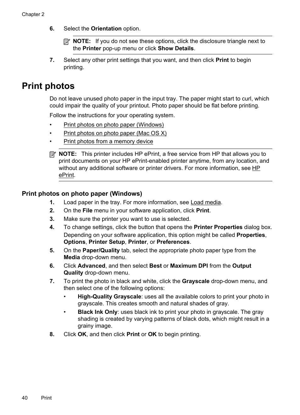 Print photos, Print photos on photo paper (windows) | HP Officejet Pro 8600 User Manual | Page 44 / 254
