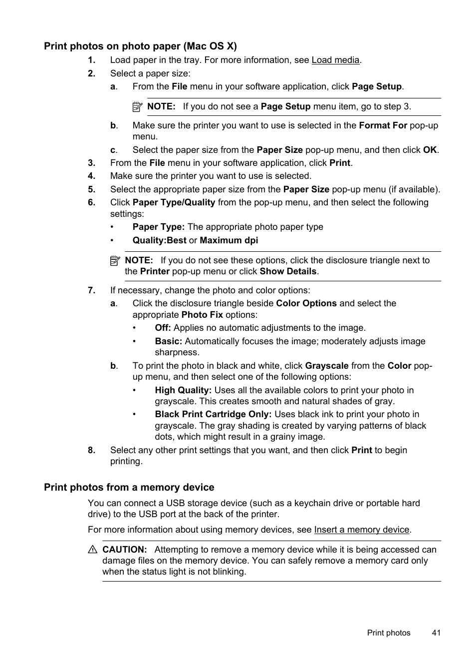 Print photos on photo paper (mac os x), Print photos from a memory device | HP Officejet Pro 8600 User Manual | Page 45 / 254