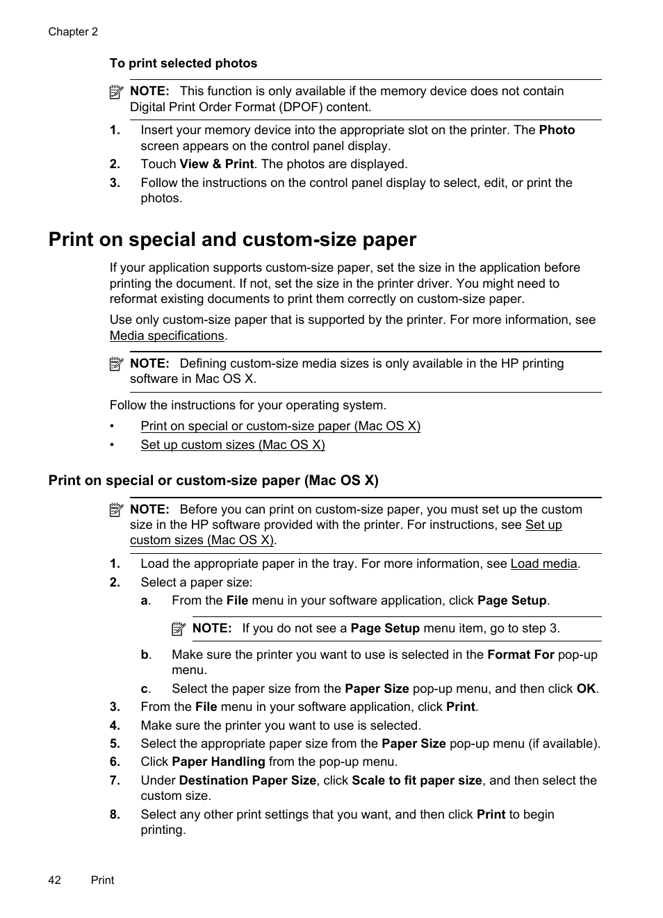Print on special and custom-size paper, Print on special or custom-size paper (mac os x) | HP Officejet Pro 8600 User Manual | Page 46 / 254