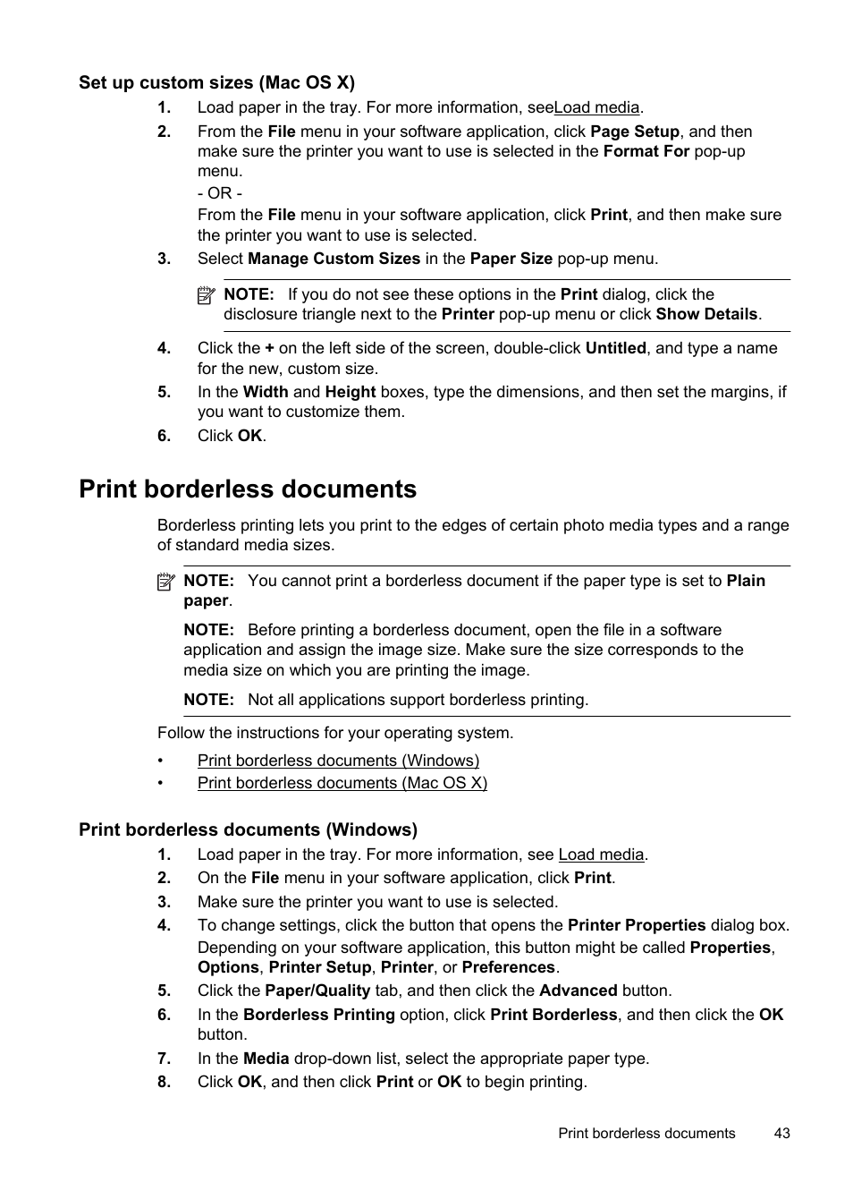 Set up custom sizes (mac os x), Print borderless documents, Print borderless documents (windows) | E set up custom sizes (mac os x) | HP Officejet Pro 8600 User Manual | Page 47 / 254