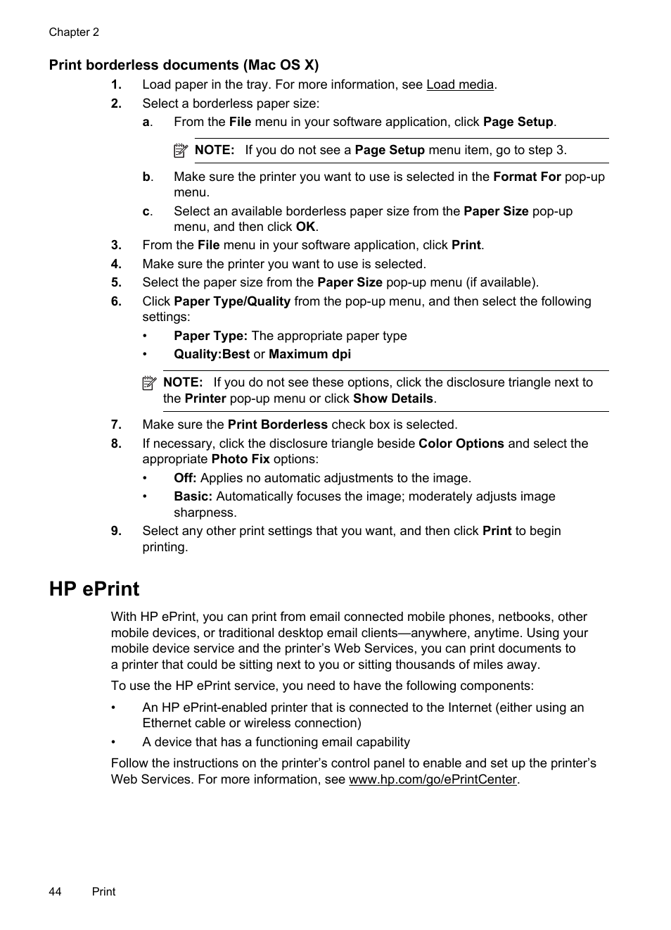Print borderless documents (mac os x), Hp eprint, See hp eprint | HP Officejet Pro 8600 User Manual | Page 48 / 254