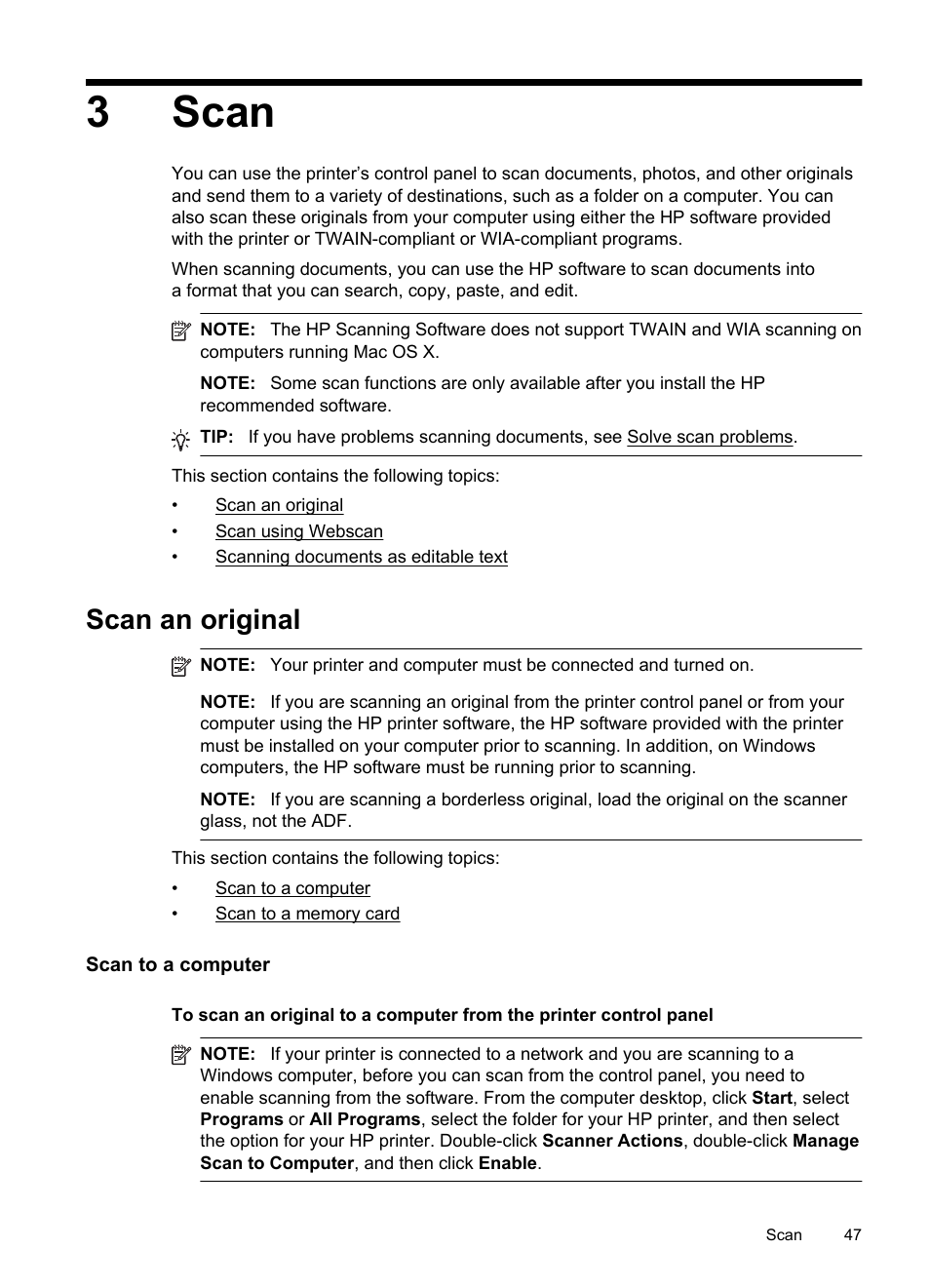 Scan, Scan an original, Scan to a computer | Scan to a computer scan to a memory card, 3scan | HP Officejet Pro 8600 User Manual | Page 51 / 254