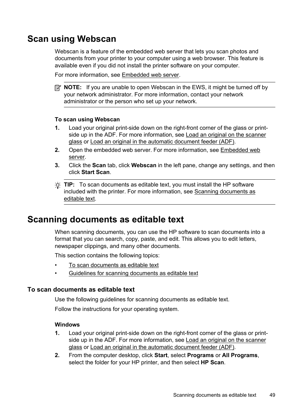 Scan using webscan, Scanning documents as editable text, To scan documents as editable text | E scanning documents as editable text | HP Officejet Pro 8600 User Manual | Page 53 / 254