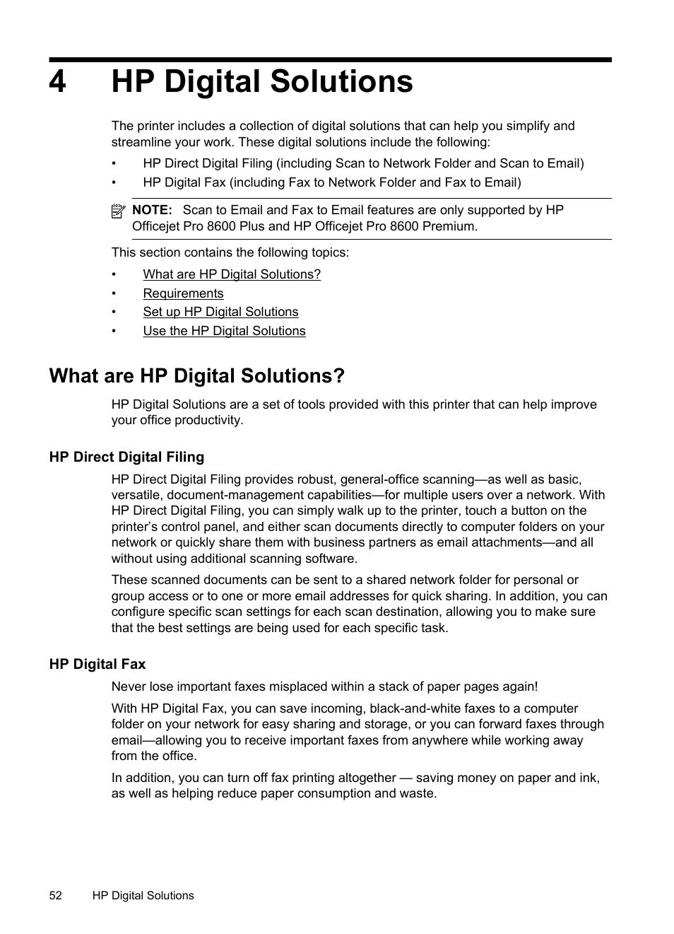 Hp digital solutions, What are hp digital solutions, Hp direct digital filing | Hp digital fax, Hp direct digital filing hp digital fax, 4hp digital solutions | HP Officejet Pro 8600 User Manual | Page 56 / 254