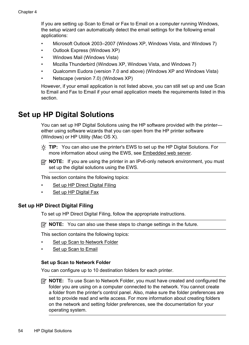Set up hp digital solutions, Set up hp direct digital filing, Set up scan to network folder | Set up scan to network folder set up scan to email, Set up hp digital fax | HP Officejet Pro 8600 User Manual | Page 58 / 254