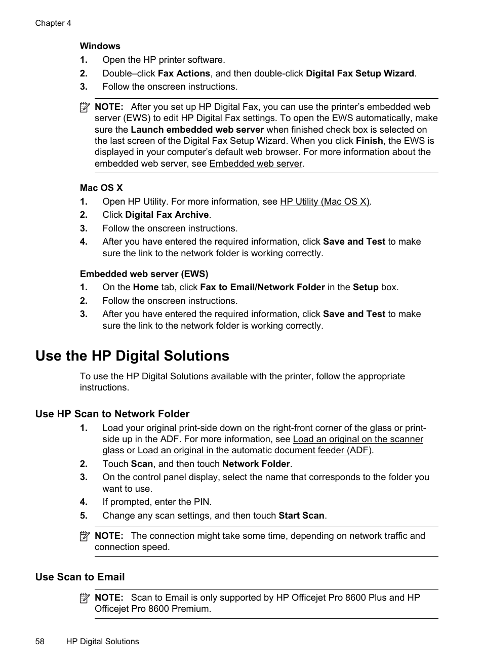 Use the hp digital solutions, Use hp scan to network folder, Use scan to email | HP Officejet Pro 8600 User Manual | Page 62 / 254