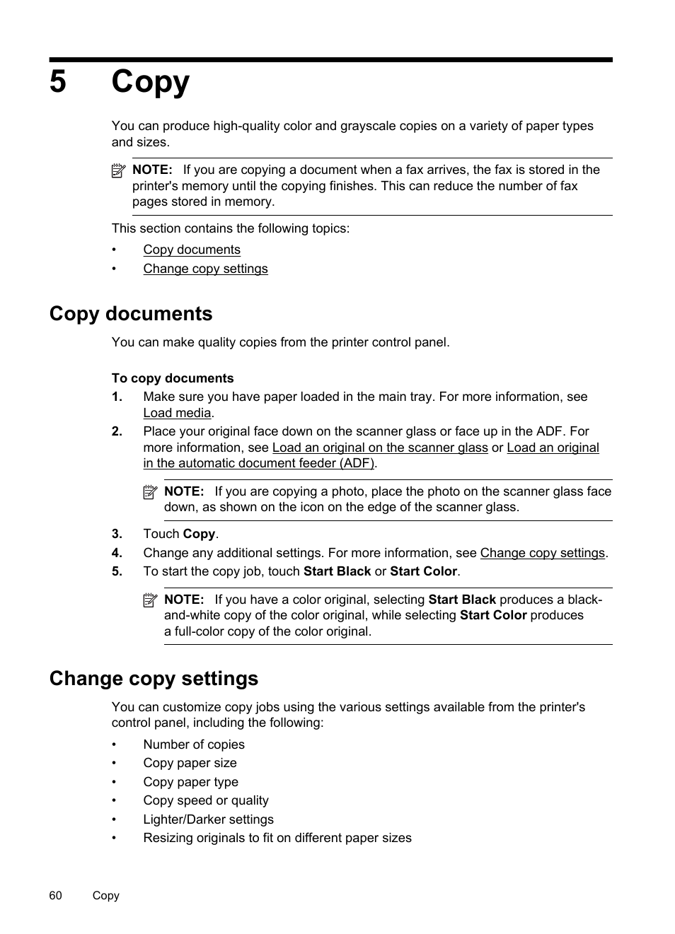 Copy, Copy documents, Change copy settings | Copy documents change copy settings, 5copy | HP Officejet Pro 8600 User Manual | Page 64 / 254