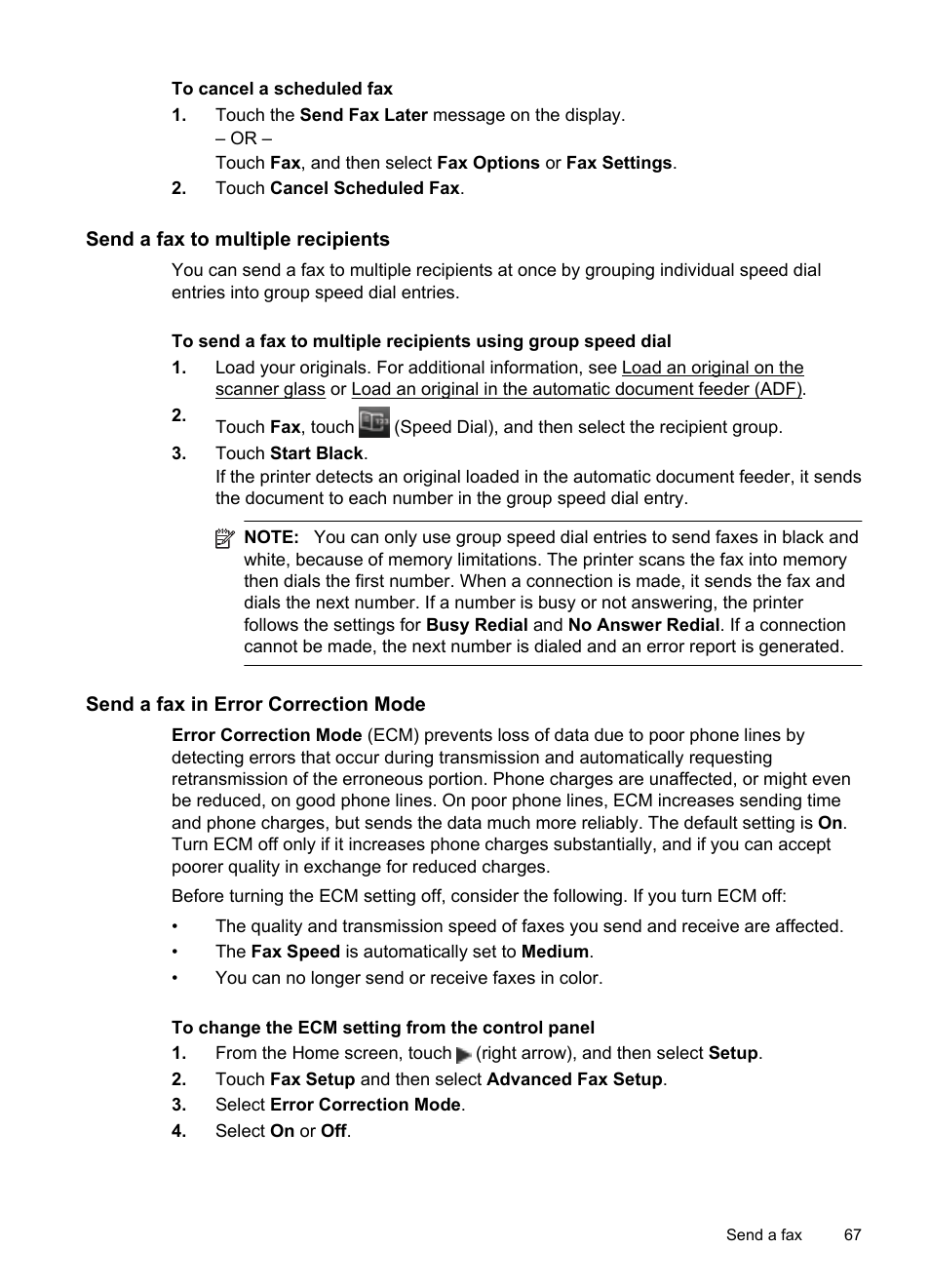 Send a fax to multiple recipients, Send a fax in error correction mode | HP Officejet Pro 8600 User Manual | Page 71 / 254