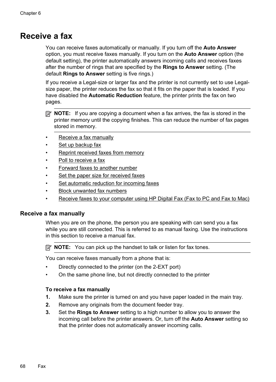 Receive a fax, Receive a fax manually | HP Officejet Pro 8600 User Manual | Page 72 / 254