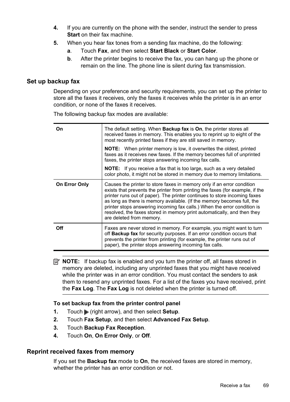 Set up backup fax, Reprint received faxes from memory | HP Officejet Pro 8600 User Manual | Page 73 / 254