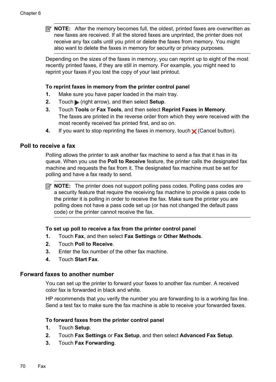 Poll to receive a fax, Forward faxes to another number | HP Officejet Pro 8600 User Manual | Page 74 / 254
