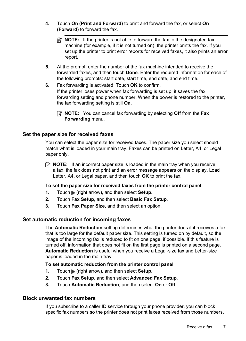 Set the paper size for received faxes, Set automatic reduction for incoming faxes, Block unwanted fax numbers | HP Officejet Pro 8600 User Manual | Page 75 / 254