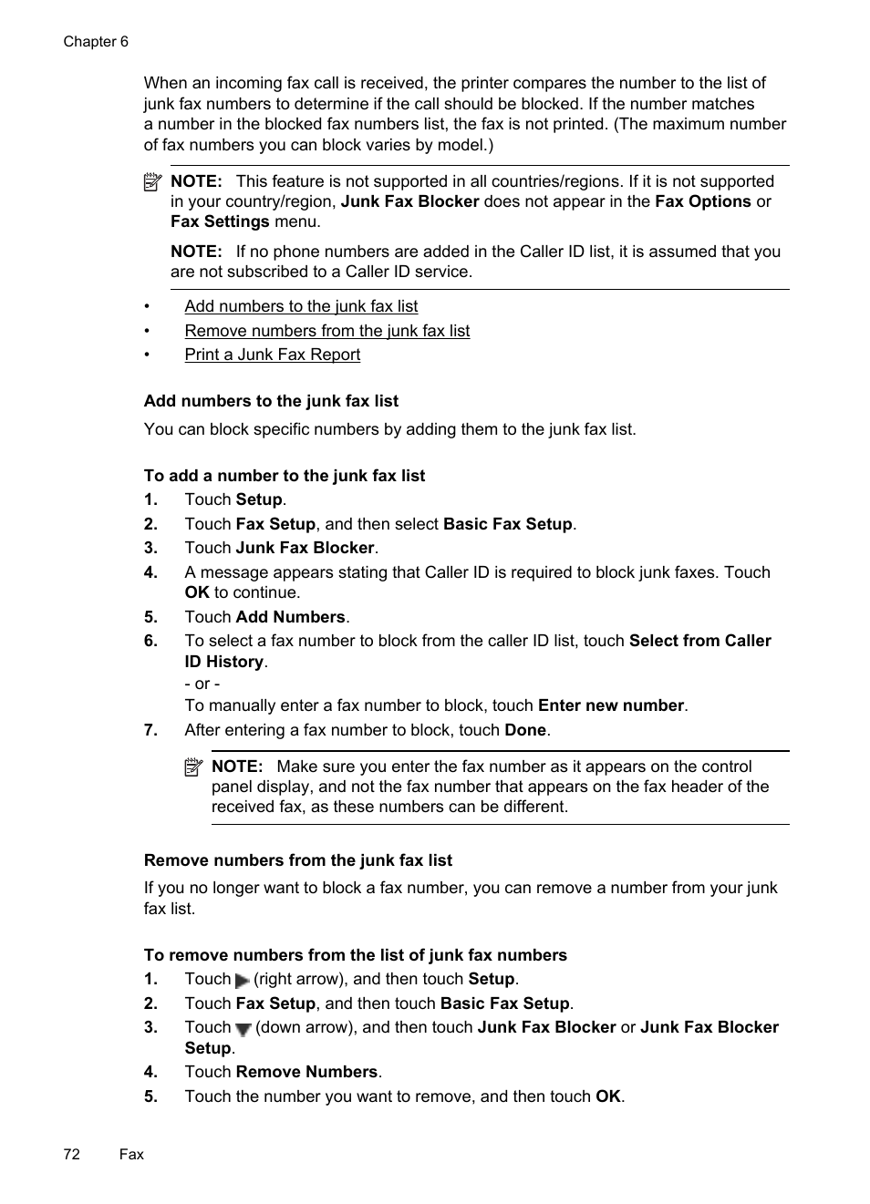 Add numbers to the junk fax list, Remove numbers from the junk fax list | HP Officejet Pro 8600 User Manual | Page 76 / 254