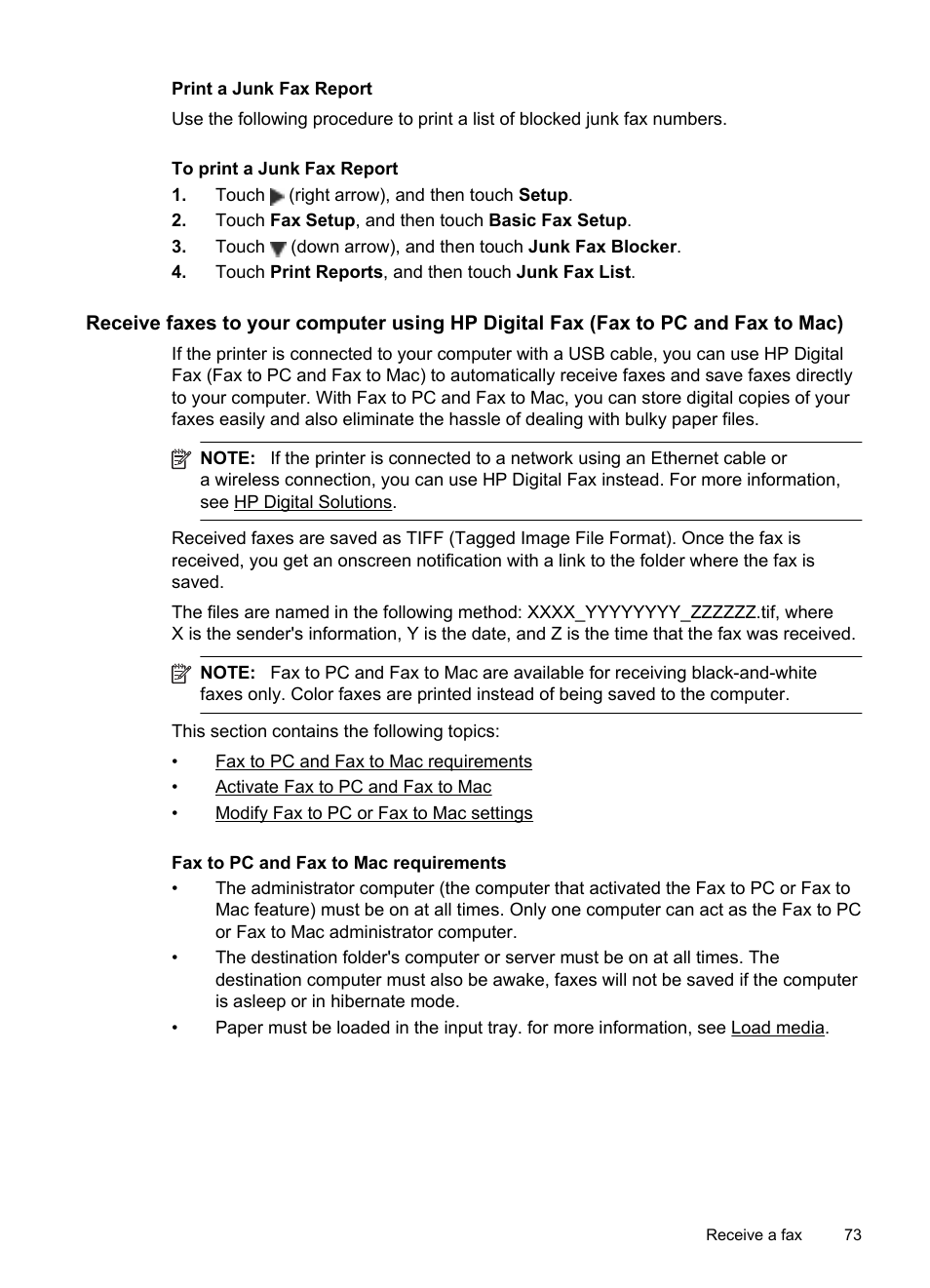 Print a junk fax report, Fax to pc and fax to mac requirements | HP Officejet Pro 8600 User Manual | Page 77 / 254