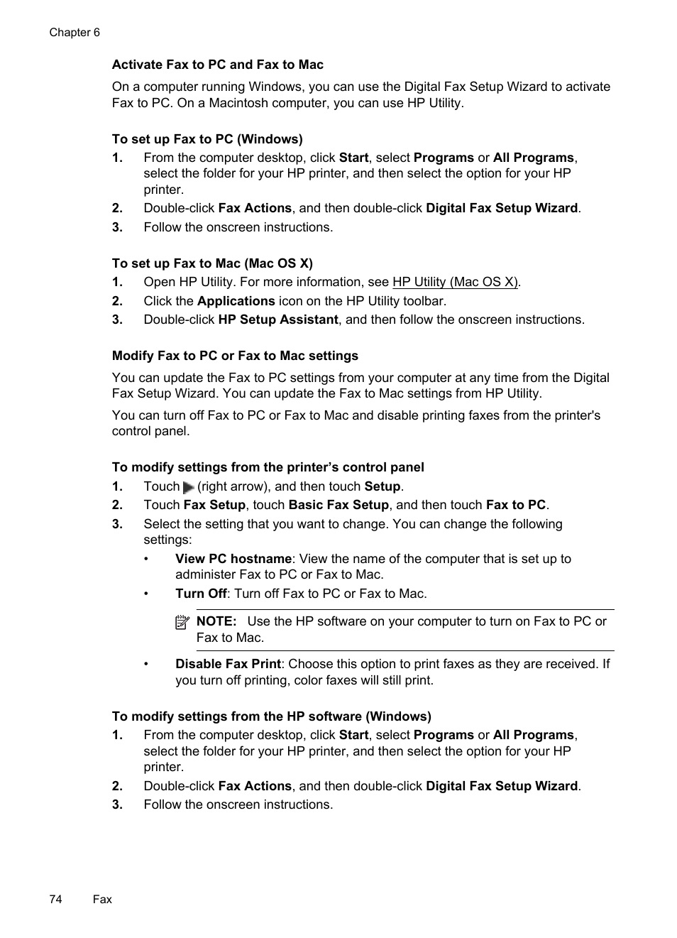 Activate fax to pc and fax to mac, Modify fax to pc or fax to mac settings | HP Officejet Pro 8600 User Manual | Page 78 / 254