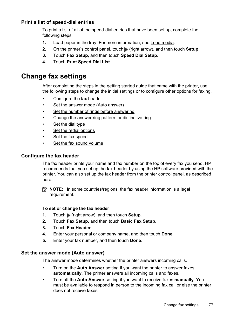Print a list of speed-dial entries, Change fax settings, Configure the fax header | Set the answer mode (auto answer) | HP Officejet Pro 8600 User Manual | Page 81 / 254