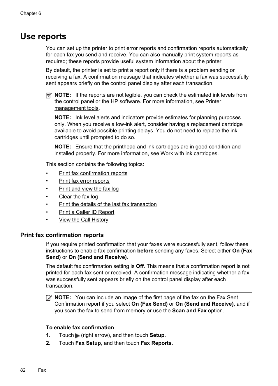 Use reports, Print fax confirmation reports | HP Officejet Pro 8600 User Manual | Page 86 / 254