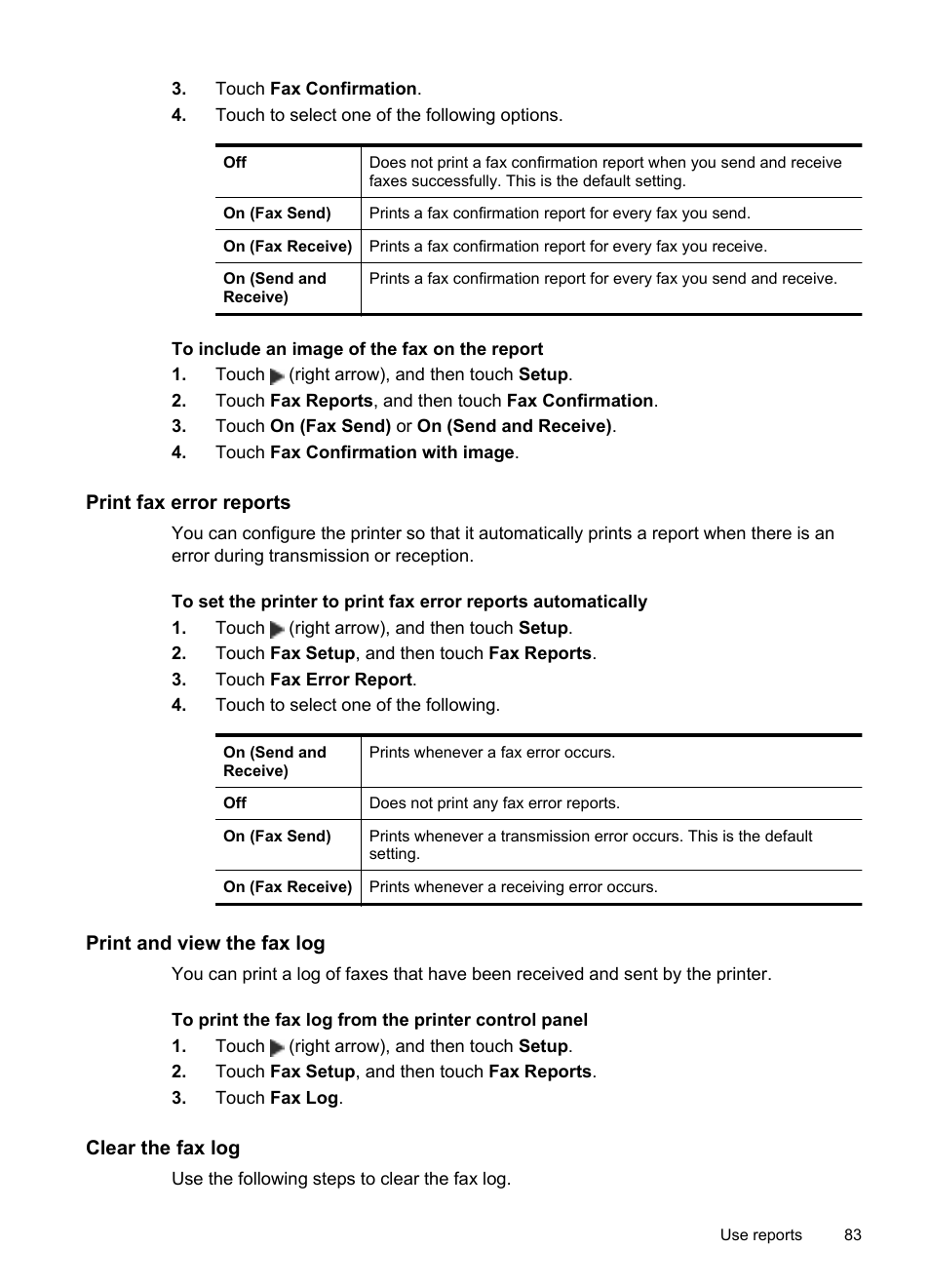 Print fax error reports, Print and view the fax log, Clear the fax log | HP Officejet Pro 8600 User Manual | Page 87 / 254