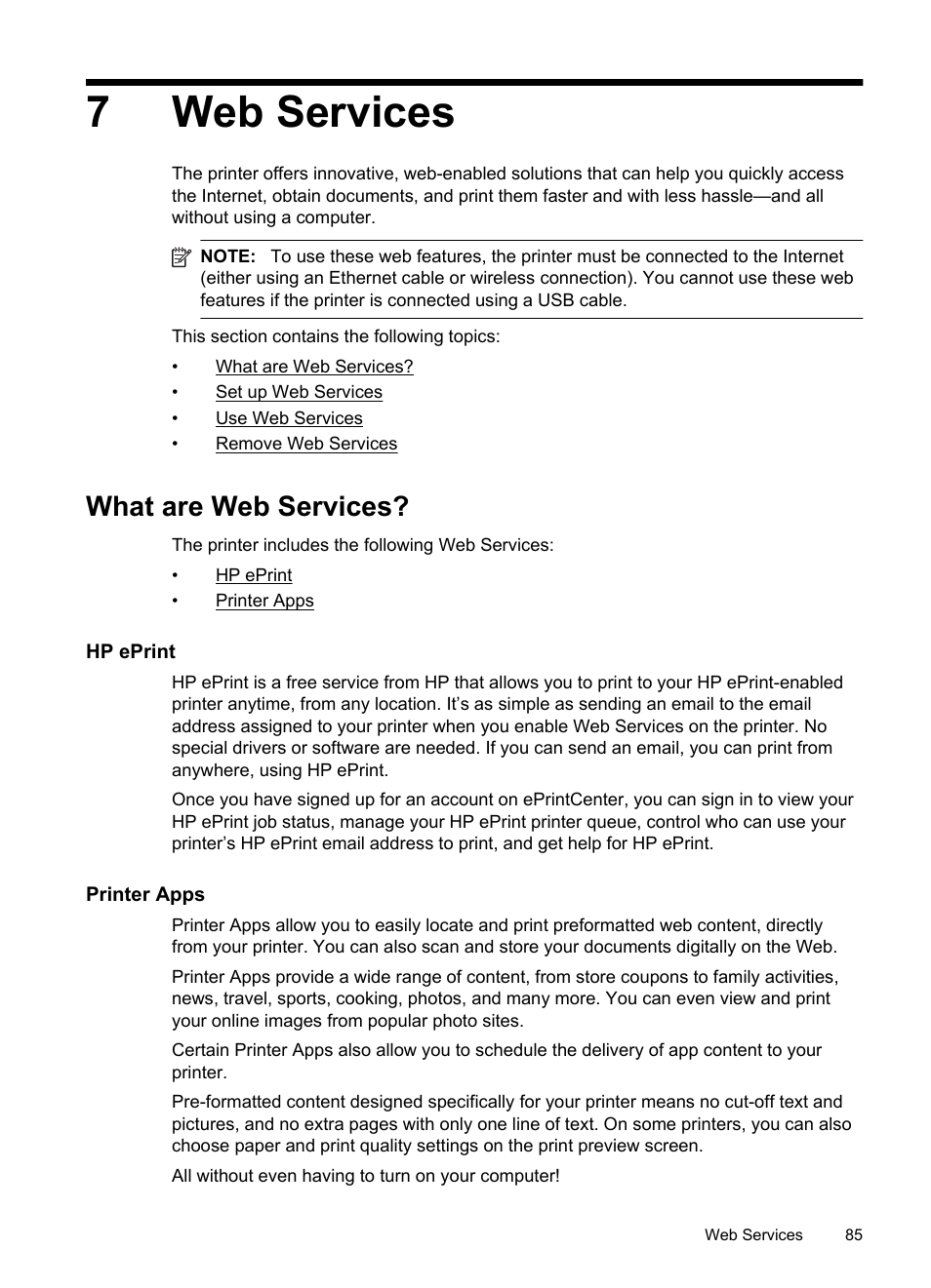 Web services, What are web services, Hp eprint | Printer apps, Hp eprint printer apps, 7web services | HP Officejet Pro 8600 User Manual | Page 89 / 254