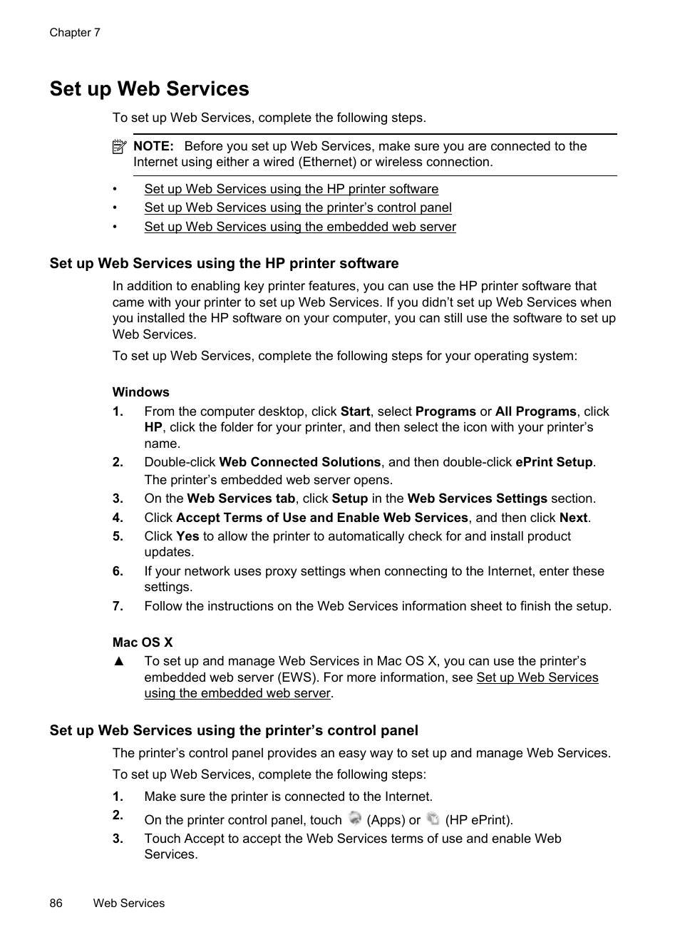Set up web services, Set up web services using the hp printer software | HP Officejet Pro 8600 User Manual | Page 90 / 254