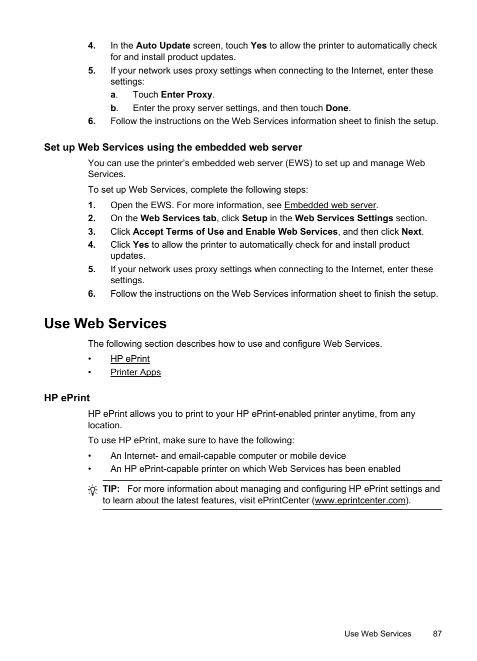 Set up web services using the embedded web server, Use web services, Hp eprint | Printer apps | HP Officejet Pro 8600 User Manual | Page 91 / 254