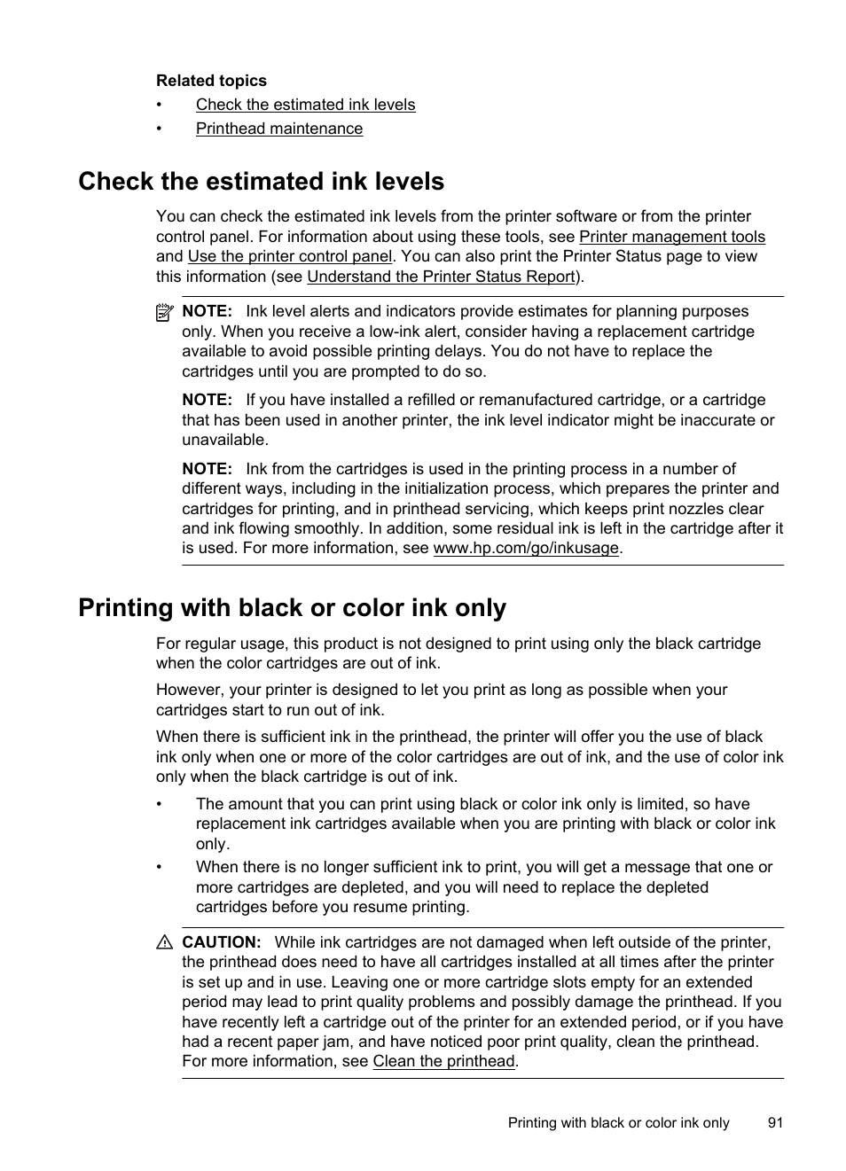 Check the estimated ink levels, Printing with black or color ink only | HP Officejet Pro 8600 User Manual | Page 95 / 254
