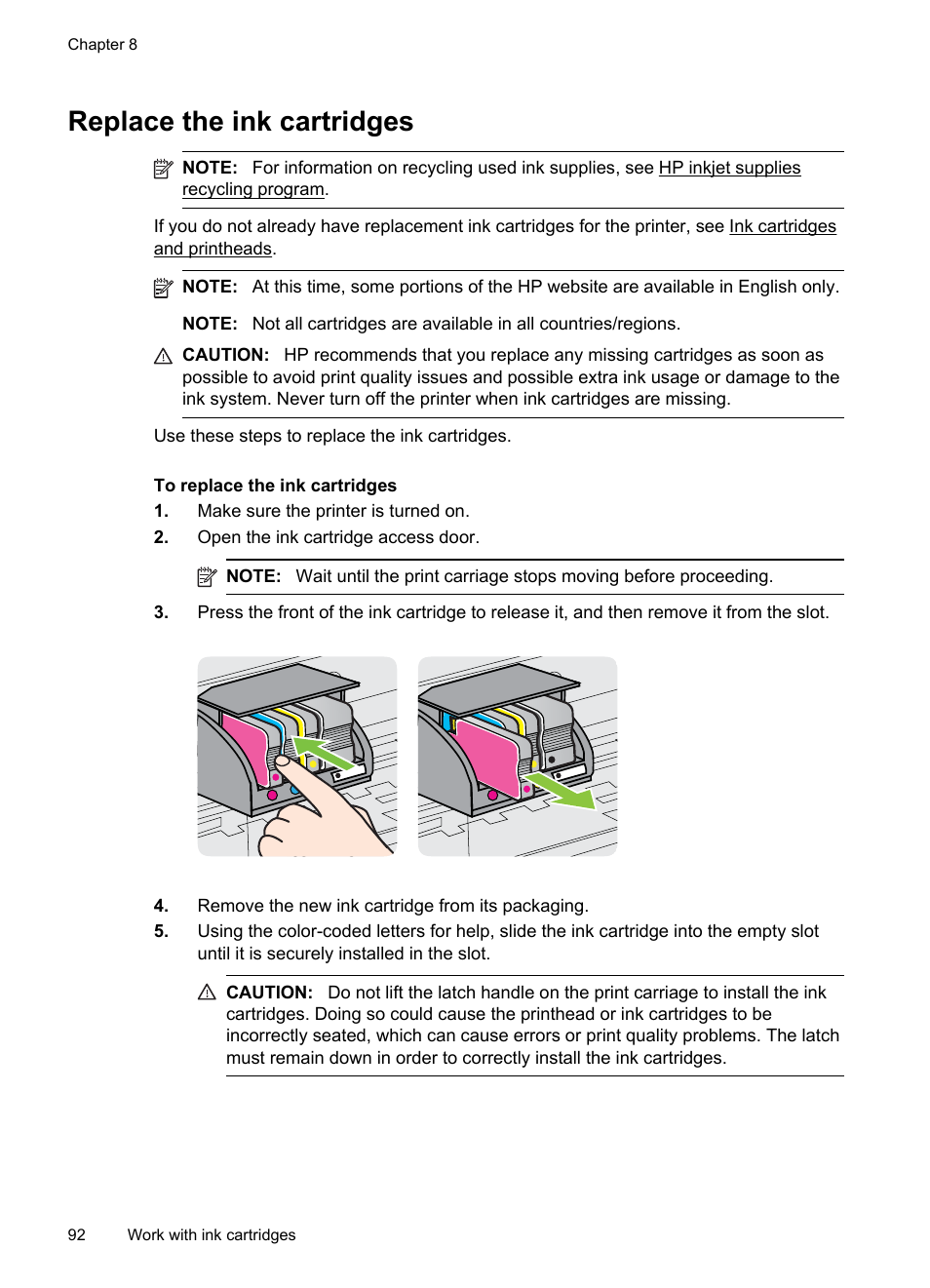 Replace the ink cartridges | HP Officejet Pro 8600 User Manual | Page 96 / 254