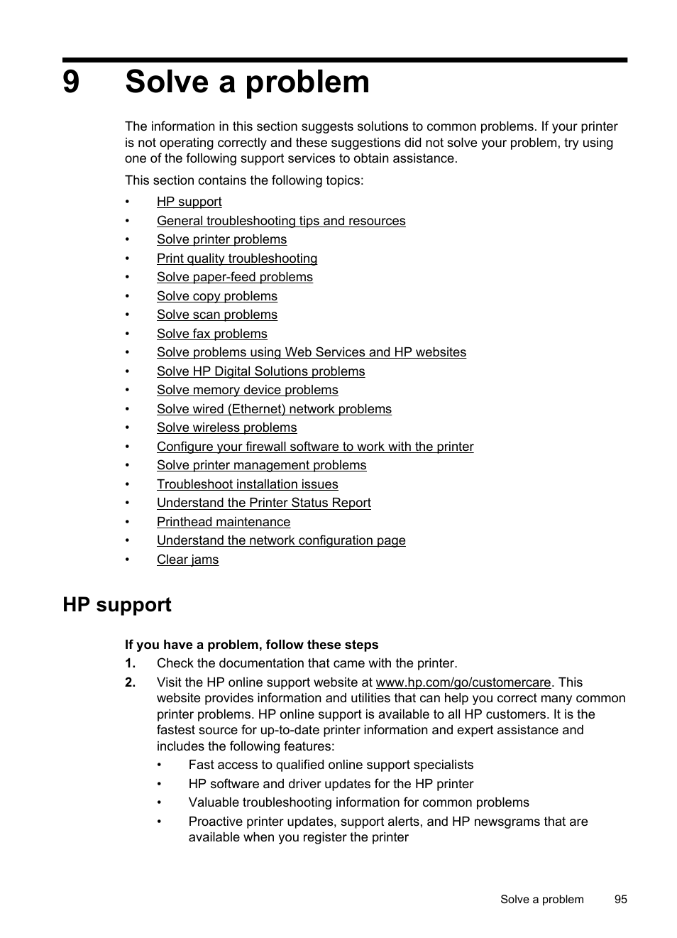 Solve a problem, Hp support, Obtain electronic support hp support by phone | 9solve a problem | HP Officejet Pro 8600 User Manual | Page 99 / 254