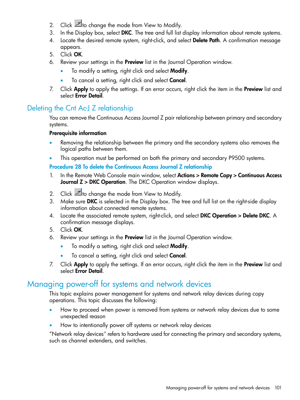 Deleting the cnt ac-j z relationship, Managing power-off for systems and network devices | HP XP P9500 Storage User Manual | Page 101 / 201