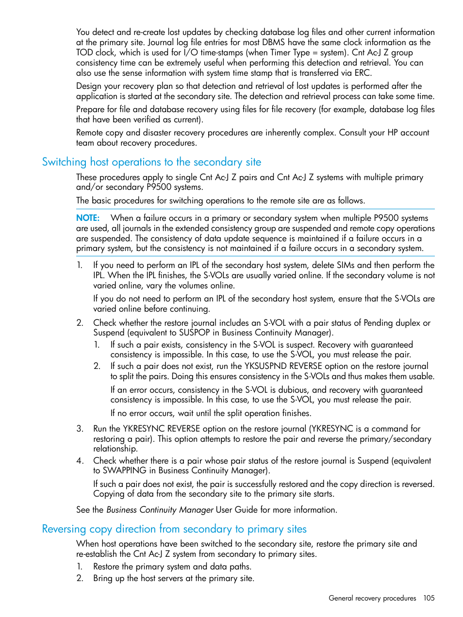 Switching host operations to the secondary site, Switching host operations to the | HP XP P9500 Storage User Manual | Page 105 / 201