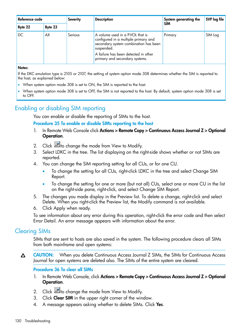 Enabling or disabling sim reporting, Clearing sims, Enabling or disabling sim reporting clearing sims | HP XP P9500 Storage User Manual | Page 130 / 201
