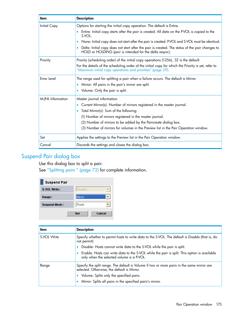 Suspend pair dialog box | HP XP P9500 Storage User Manual | Page 175 / 201