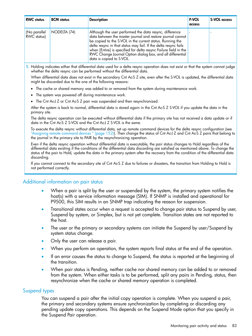 Additional information on pair status, Suspend types | HP XP P9500 Storage User Manual | Page 83 / 201