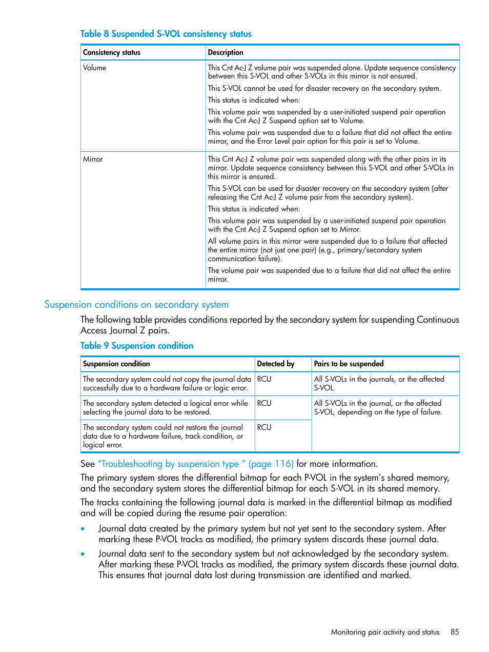 Suspension conditions on secondary system | HP XP P9500 Storage User Manual | Page 85 / 201