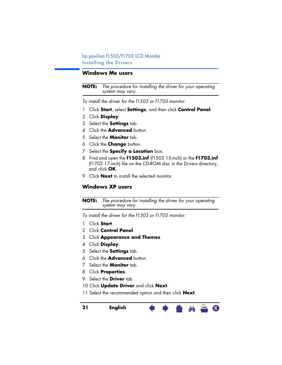 HP Pavilion f1503 15 inch Flat Panel Monitor User Manual | Page 21 / 56