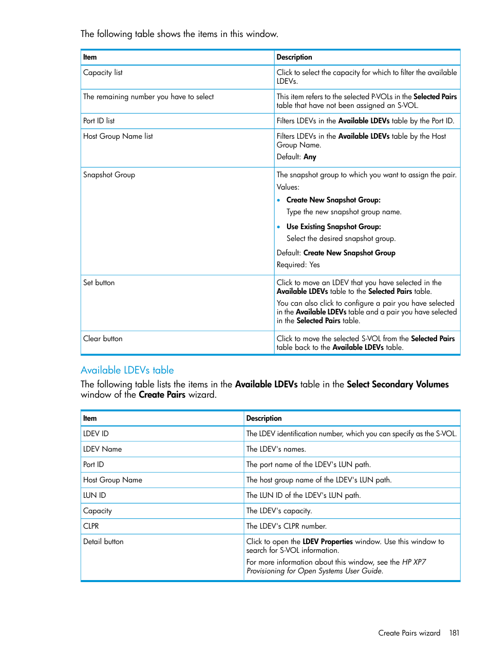 Available ldevs table | HP XP7 Storage User Manual | Page 181 / 197