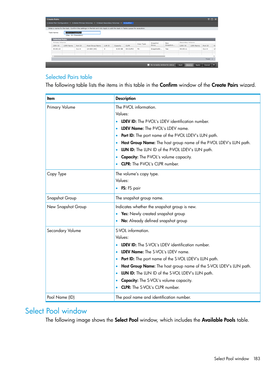Select pool window, Selected pairs table | HP XP7 Storage User Manual | Page 183 / 197