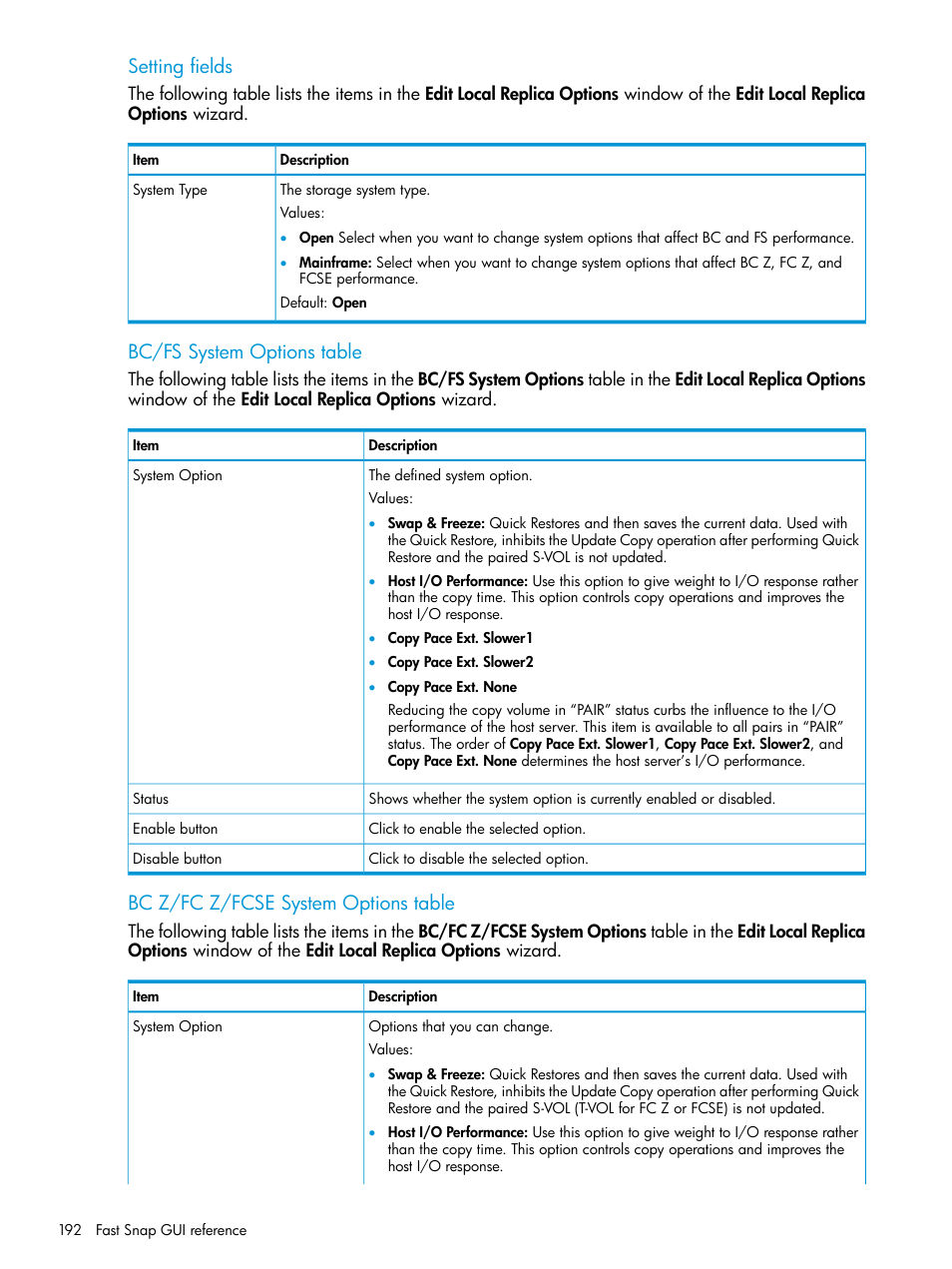 Setting fields, Bc/fs system options table, Bc z/fc z/fcse system options table | HP XP7 Storage User Manual | Page 192 / 197