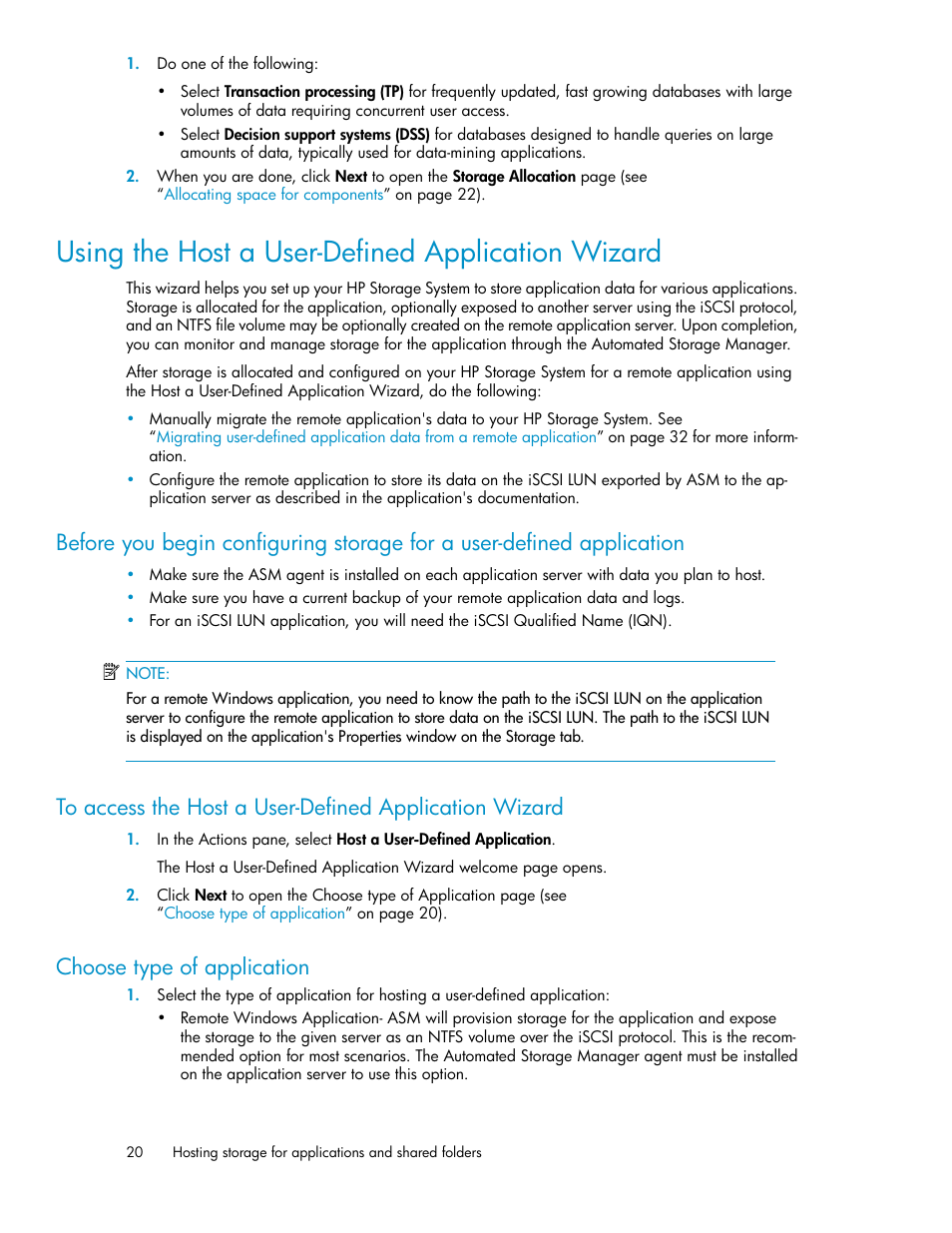 Using the host a user-defined application wizard, Choose type of application, Using the host a user-defined application wiz | Using the host a user-defined, Application wizard | HP X1000 Network Storage Systems User Manual | Page 20 / 68