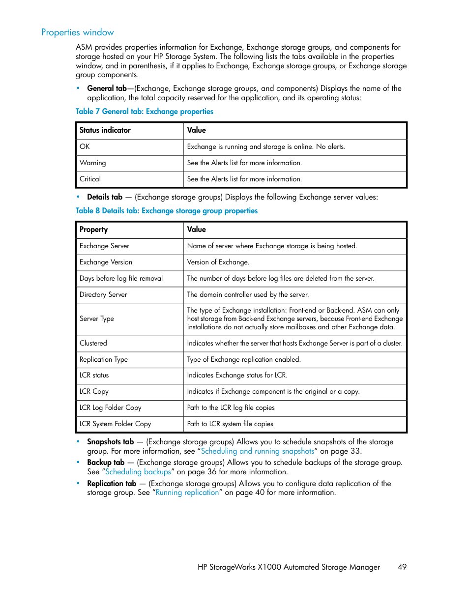 General tab: exchange properties, Details tab: exchange storage group properties, Properties window | HP X1000 Network Storage Systems User Manual | Page 49 / 68